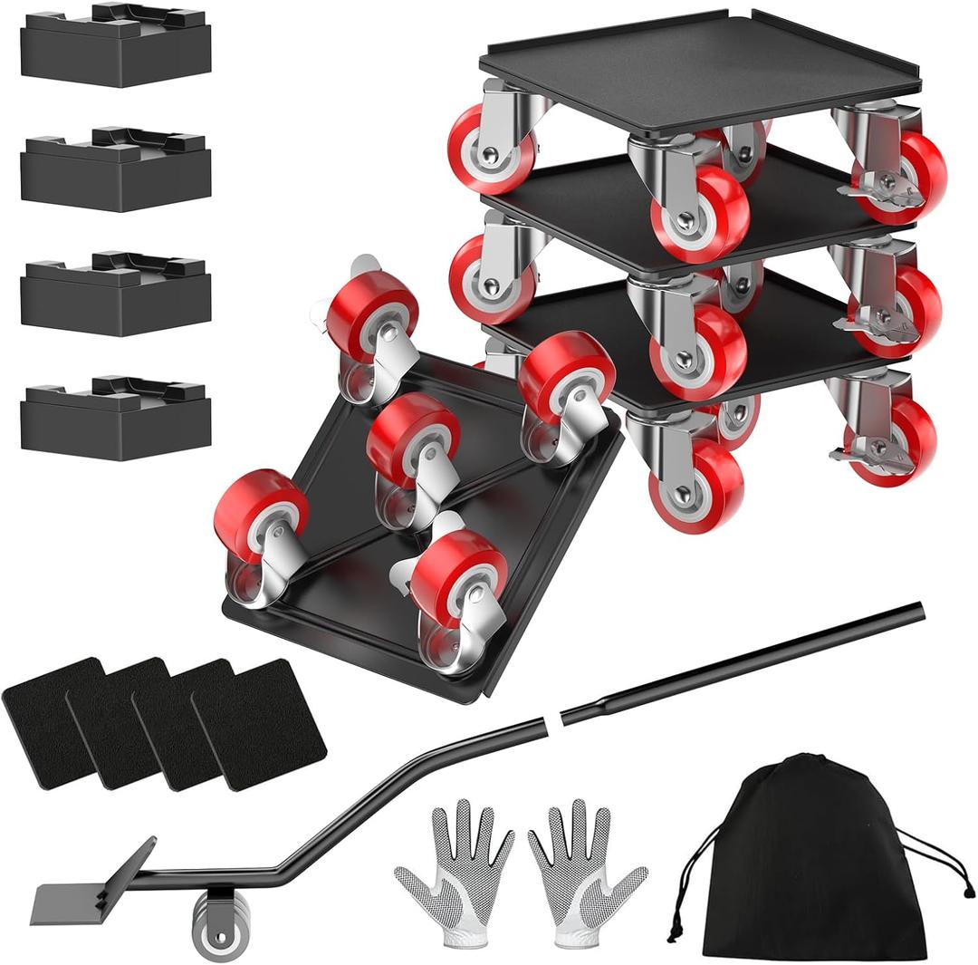 Heavy Duty 1500LBS Furniture Dolly & Movers with 5X 360 Wheels - Carbon Steel Panel & Non-Slip Rubber Casters, Includes Lifter Jacks, Gliders for Sofa, Refrigerator (5.4 Inch, Red)