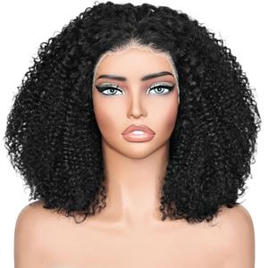 Curly Afro Wig Human Hair, 13x4 Lace Front Kinky Curly Glueless Wigs, 180 Density Pre Plucked Transparent Lace Frontal Brazilian Human Hair Bob Wig for Black Women, 4A/4B Natural Black 16 Inch