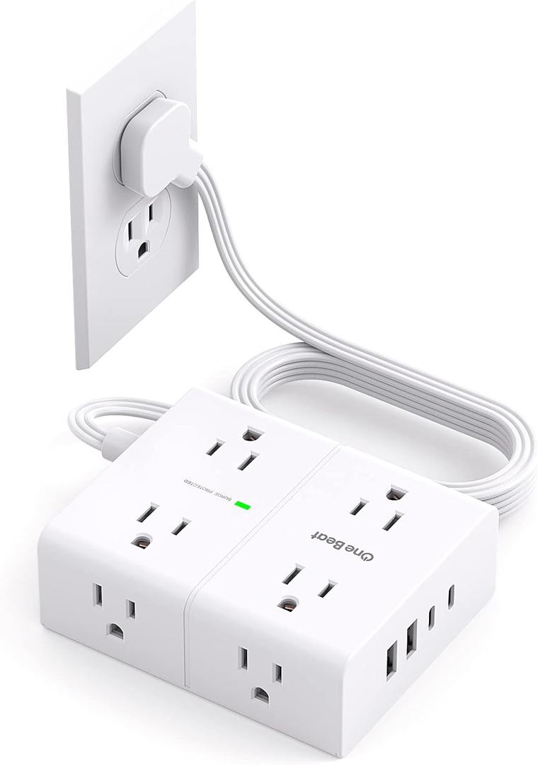 Surge Protector Power Strip, 5Ft Flat Extension Cord Flat Plug with 4 USB Charging Ports (2 USB C) 8 Widely Outlets, 1080J Wall Mount Outlet Extender, Office Supplies, Dorm Room Essentials (White)