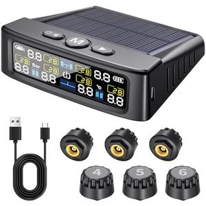 RV Tire Pressure Monitoring System -TPMS Tire Pressure Monitor with 6 Sensors, M12-3 TPMS Solar Charge & USB Color LCD Display, 0-9.9BAR/144PSI Range, 6 Alarm Modes for RV/Trailer/Truck IP67