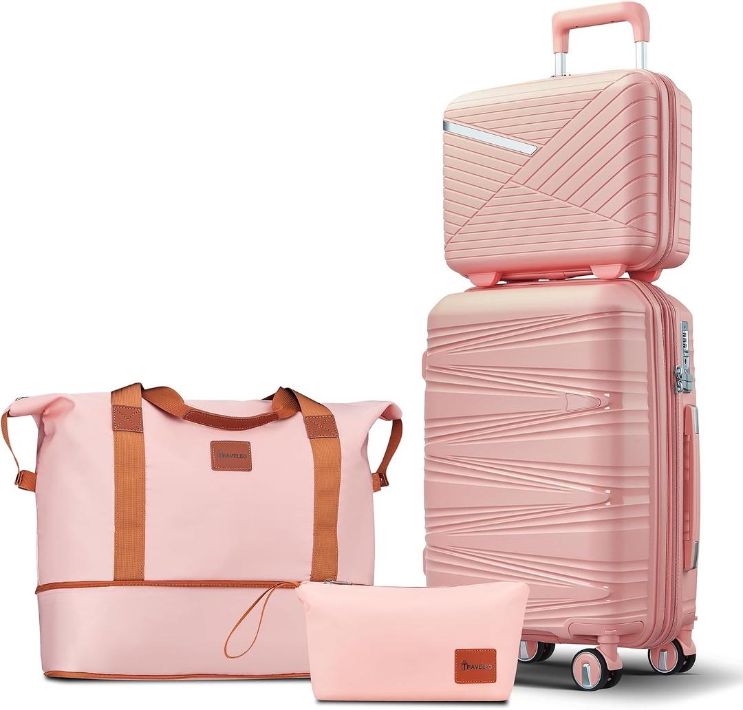 TRAVELEO 4 Piece Carry On Luggage Set 20 Inch, Expandable PP Hardshell Suitcase with Detachable Spinner Wheels & TSA Lock, Includes Cosmetic Case, Travel Tote & Toiletry Bag, Lightweight (Pink)