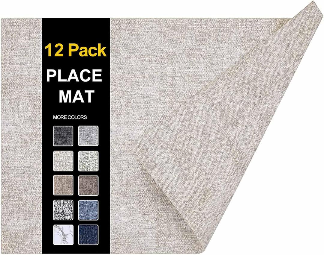 homing Faux Leather Heat Resistant Placemats 12 Packs, Waterproof Wipeable Dining Easter PU Place Mats for Indoor & Outdoor, Easy to Clean, Beige (11.8" x 17", Rectangular 12PCs)