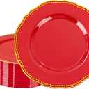 Hioasis 60pcs Red Plastic Plates - Red and Gold Disposable Dinnerware with Gold Rim, Heavy-duty, 10.25 inch, Dinner Plates for Party & Wedding