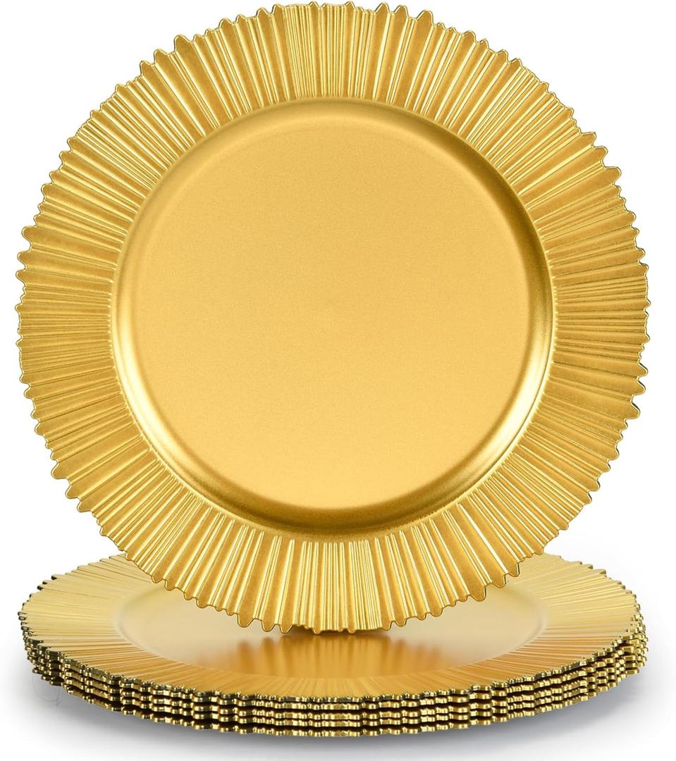 13" Line Gold Charger Plates, Classic Chargers for Dinner Plates, Reusable Plastic Table Setting Bulk Event, Party, Wedding, Festival, Baby Shower