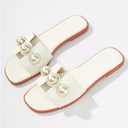 Verdusa Women's Flat Sandals Pearl Sandals Square Toe Summer Slip On Flat Shoes (White)