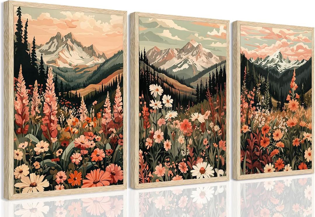 YUFEIART Boho Wall Art Mountain Wall Art OAK Wood Framed Nature Landscape Wall Decor Set of 3 Colorful Wildflower pictures Vintage Floral Canvas Prints Forest Paintings for Living Room Bedroom 16"x20"