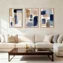 Large Abstract Navy Blue Brown Framed Canvas Wall Art Set,Modern Minimalist Color Blocks Wall Decor,Neutral Geometric Brushstrokes Artwork for Living Room,Bedroom,Office-24 x36 x3