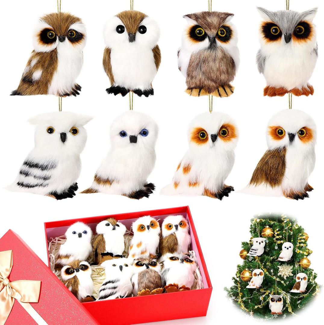 HyDren 8 Sets Christmas Owl Box Owl Ornaments Gift Mini Fur Stocking Stuffers Woodland Animals with Bases Hanging Furry Gift Pet for Christmas Tree Decoration Operation Xmas Toys Lover Gifts (3.15 Inches)