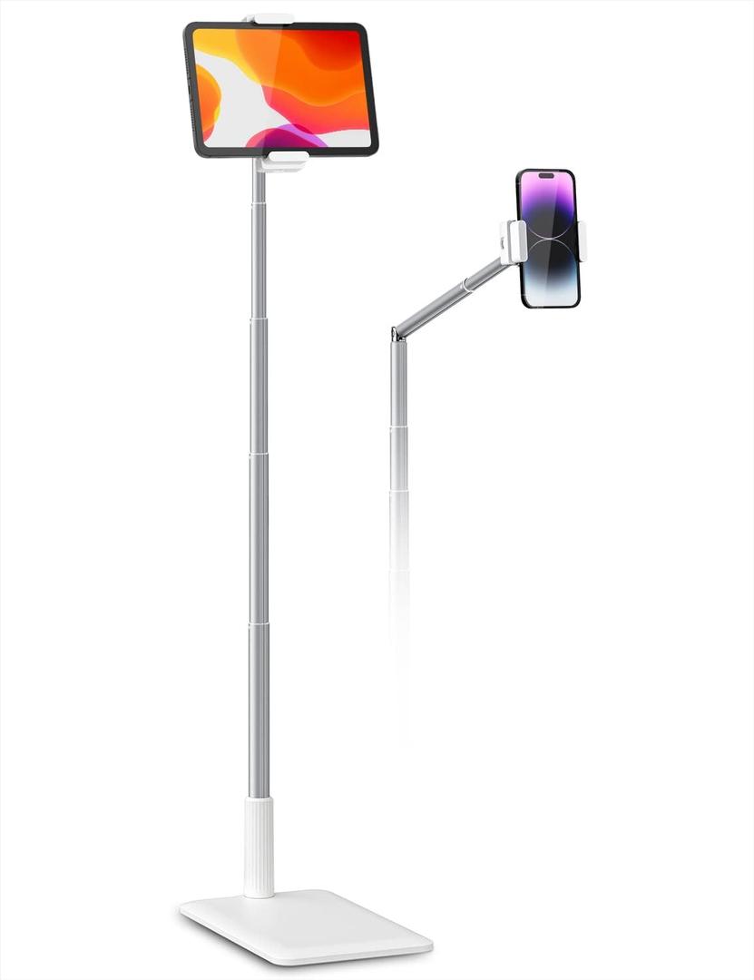 Viozon Tablet Floor Stand-Flexible Long Arm Tablet&Phone Holder,360 Angle Adjustable,Aluminum Alloy,Bedside,Sofaside,Desk,Compatible with 3.5-11 inches iPad,Kindle, iPhone 16 15 Plus/Pro Max -White