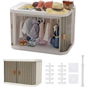 Doll Wardrobe Storage Box, Foldable Doll Closet with 10 Hangers and Rod for 15/17cm Doll Clothes Stackable Organizer Cabinet with Dust-Resistant Cover and Display Shelf (Transparent Grey)