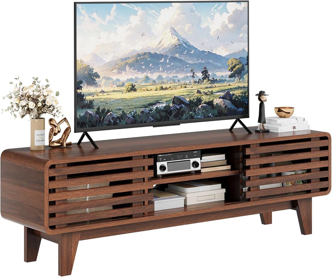 Luoxiao 55" Mid Century Modern TV Stand for 55 60 65 Inch TV, Walnut Media Console with Slatted Sliding Doors, Retro Wood Entertainment Center with Storage Shelves for Living Room, Bedroom