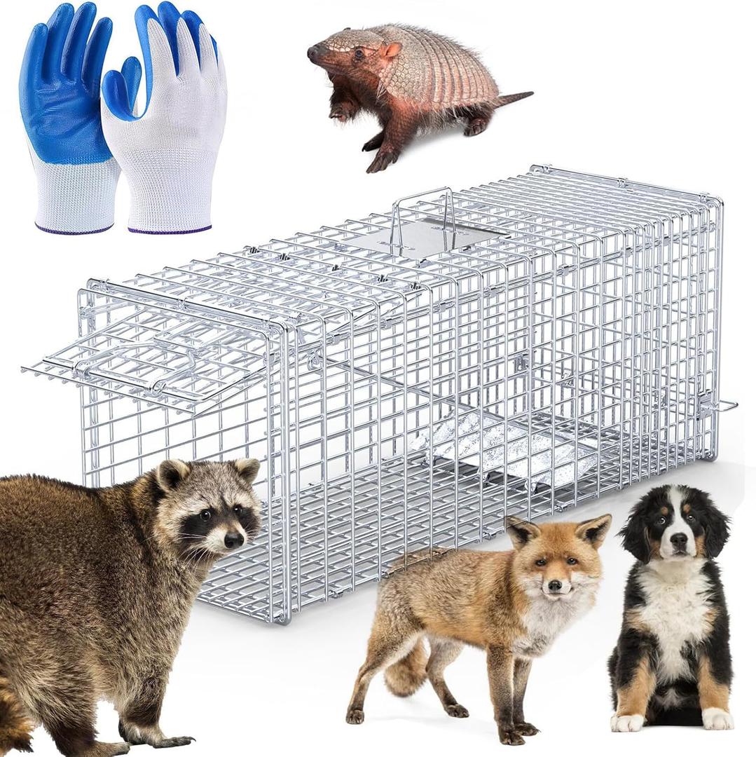 KOCASO Live Animal Trap 37 "X 14"X 15" Large Humane Cat Trap Cage with Pair of Gloves Heavy Duty Folding Catch and Release Rodent Cage for Rabbit Squirrel Dogs Armadillos Kitten Raccoon Foxes