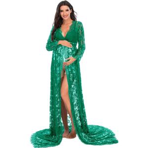 ZIUMUDY Maternity Deep V-Neck Split Front See-Through Maxi Lace Dress for Photography with Long Sleeve (Green)