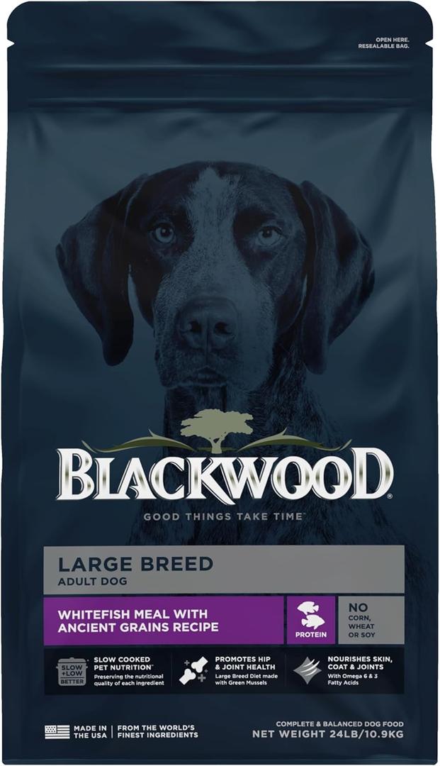 Blackwood Large Breed Dry Dog Food, Whitefish with Ancient Grains, 24 Pound Bag for Adult Dogs, Slow Cooked with Green Mussels to Promote Hip & Joint Health