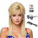 Adequate 80s Retro Layered Wig, Brown Highlighted, Voluminous Teased Style, Medium Length, Synthetic, Women's Costume (light blonde)