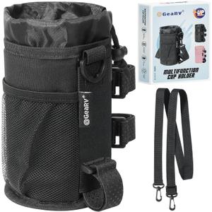 GEARV Bike Cup Holder with Shoulder Strap, Water Bottle Holder for Hiking, Scooter, UTV/ATV, Golf Cart, Universal Drink Holder Accessories (Black)