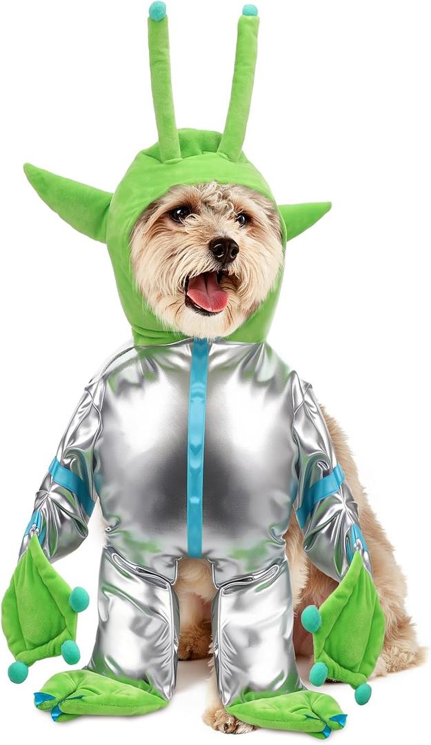Green Alien Costume for Small Dog, Medium Dog Halloween Astronaut Outfits Alien Pet Costume Cute Hooded with Reflective Outfits for Puppy Kitten Halloween Cosplay Party(L)