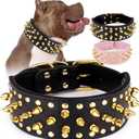 Wide Gold Spiked Dog Collar, Epesiri Dog Chain Collars, Mushroom Rivet PU Leather Dog Collars, Adjustable Durable Spike Studded Pet Collar for Pitbull Mastiff Bulldog Pugs Husky Rottweiler