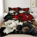 CCoutueChen Vintage Floral Comforter Set King Size Red Black White Botanical Flower Bedding Set 3 Piece Gold Leaf Bedding for Women Elegant Flowers Comforters Soft Down Alternative Comforter Sets