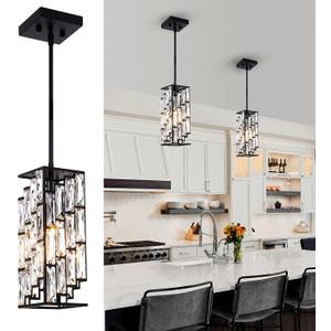 Crystal Pendant Lights Kitchen Island 2 Pack, Modern Black Chandelier Height Adjustable, Hanging Lights for Kitchen Island Dining Room Bedroom