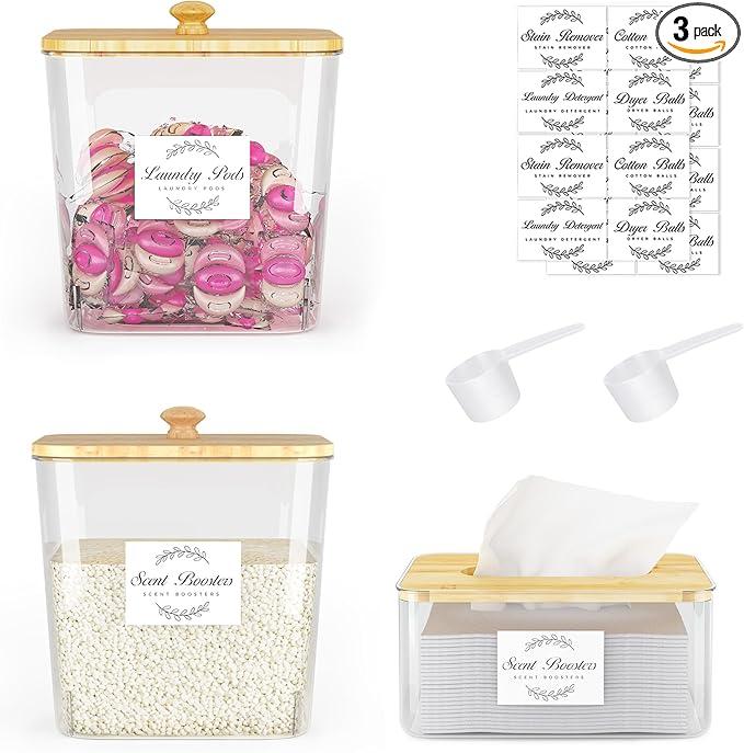 Vincona Laundry Room Organization and Storage, Laundry Pods Container and Dryer Sheet Holder with Bamboo Lids and Labels, Laundry Organizer with Scoops for Booster Beads, Powder, Pods, 2+1 Pack