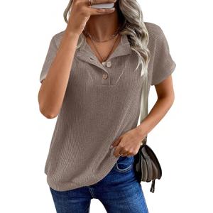 Womens Tops Summer Sweaters Short Sleeve Patchwork V Neck Henley Shirts 2026 Dressy Casual Business Tunic Blouses (Brown, XL)
