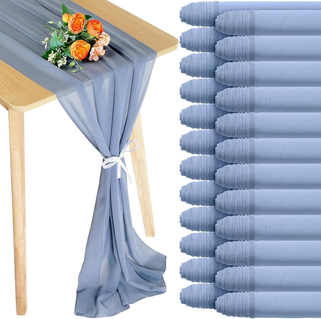 Chumia 24 Pack Chiffon Table Runners Romantic Sheer Table Decorations Long Tulle Runner for Wedding Bridal Shower Party Supplies Decor, 118 x 12 Inches (Dusty Blue) Chumia 24 Pack Chiffon Table Runners Romantic Sheer Table Decorations Long Tulle Runner for Wedding Bridal Shower Party Supplies Decor, 118 x 12 Inches (Dusty Blue)
