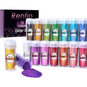 Renfio Holographic Glitter, 16 Colors Resin Glitter Set Each 15g/0.53oz Extra Fine Powder for Crafts PET 1/128" Epoxy Resin Accessories for Tumblers Slime Candle Making Nails Bomb Festival Decoration