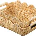 Small Wicker Basket 2 Pack,Scalloped Basket for Organizing and Decor,Natural Water Hyacinth Storage Baskets with Wooden Handles for Gifts,Snack,Shelves