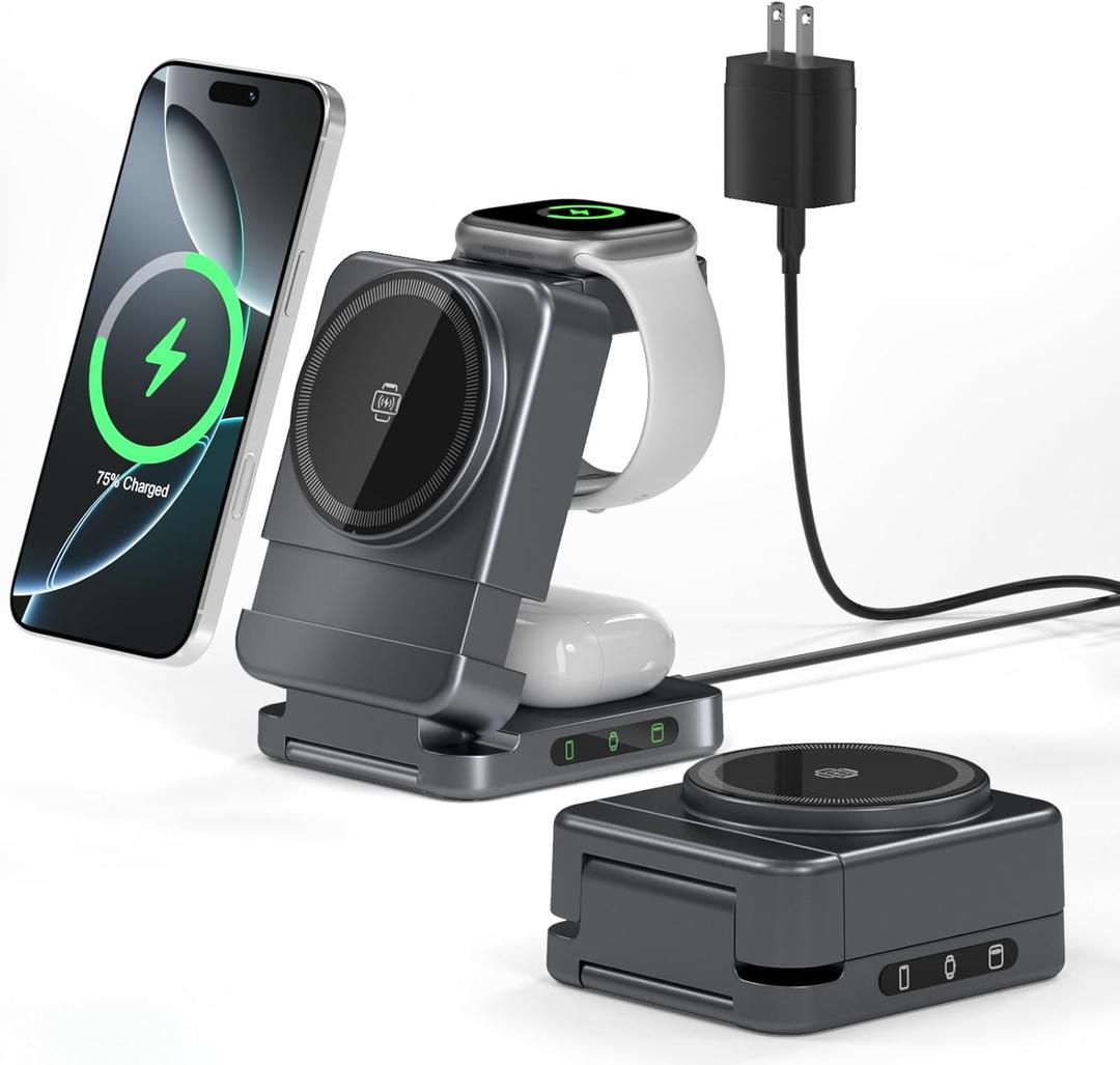 Wireless Charger 3 in 1, Foldable Charging Station for Apple Samsung Multi Devices Charging, Magnetic Charging Stand, Portable Travel Fast 15W Charger Station for iPhone, TWS, iWatch (Dark Gray)
