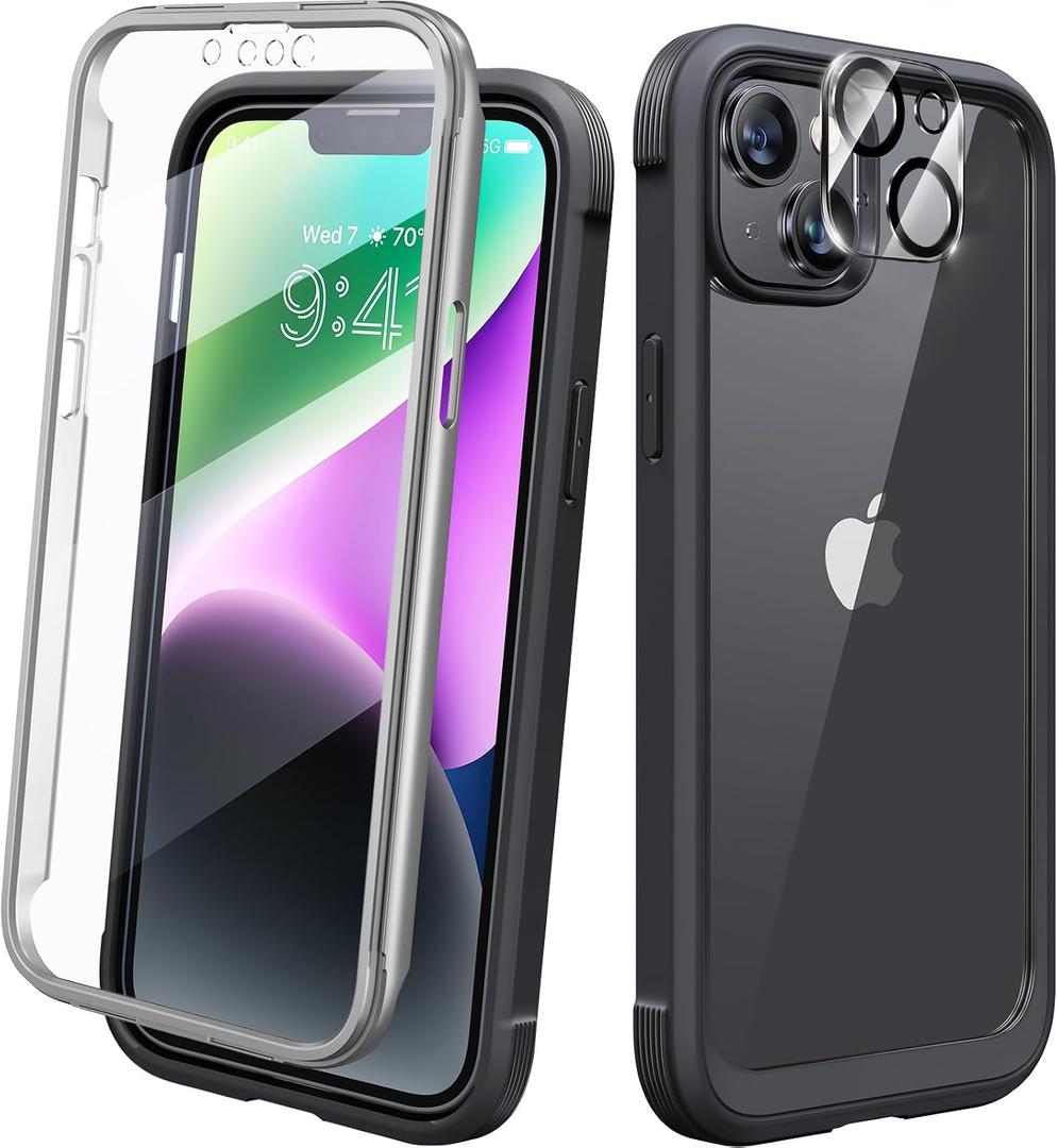 Diaclara Designed for iPhone 14 Case, Full Body Rugged Case with Built-in Touch Sensitive Anti-Scratch Screen Protector, with Camera Lens Protector for iPhone 14 6.1" (Black and Clear)