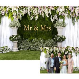 YongFoto Mr and Mrs Wedding Party Backdrop 7x5ft Floral Grass Wall White Sheer Curtain Flower Arch Photography Background Lover Marriage Proposal Bridal Shower Reception Photo Booth Props Banner