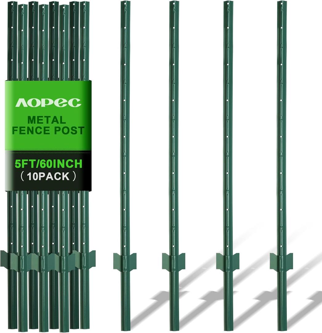 Fence Post 5 Feet / 60 Inch, Pack of 10, Heavy Duty Metal Fence Posts, No Dig U Post with U-Channel, Adjustable Tabs & Anchor Plate, Rust-Proof Steel Fence Stakes for Garden, Farm, Lawn, Poultry