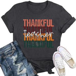 Thanksgiving Shirt for Women Thankful Teacher Letter Print T-Shirt Grateful Blessed Tee (Large, Brown)
