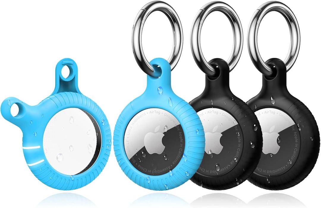 YOSH Air Tag Holder 4 Pack, Air-Tag Keychain Holder Case[Anti-Scratch] [Pet Chew Proof] [Twist Lock Design] Metal Key Chain Ring for Kids, Dog, Luggage (102-Black/Light Blue)
