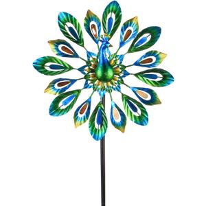 MUMTOP Wind Spinner 51 Inch Peacock Wind Spinner Outdoor Metal with Double Wind Sculpture for Patio, Lawn & Garden Decor (Green)