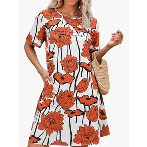 Womens Summer Casual Floral Mini Dress Short Sleeve Pleated Front Loose Beach Tunic Dresses with Pockets L