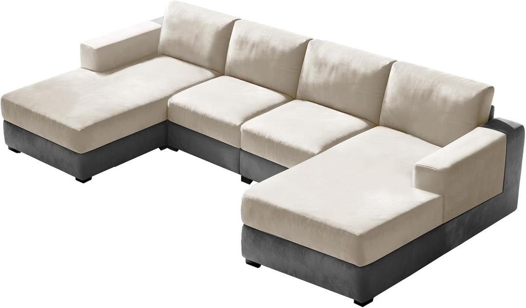 10 Pieces Sofa Cushion Covers for U-Shaped Modular Sectional Couch with 4 Seat+4 Back+2 Arms, Stretch Velvet Upholstered Covers for Sofa Bed with Deep Double Chaise (Beige,Universal (10 Pieces))