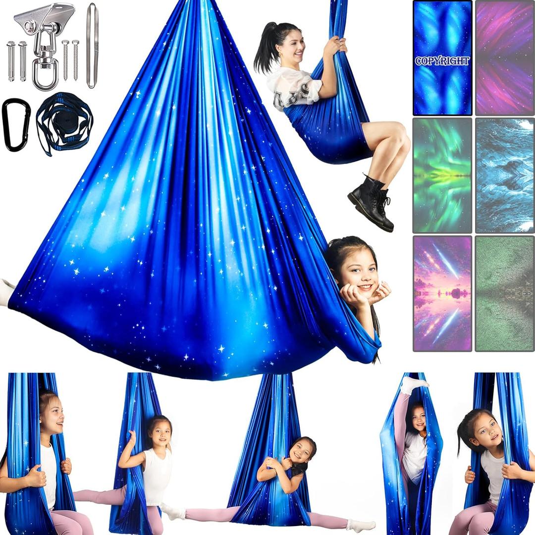Sensory Swing for Kids & Adults Holds up to 300lbs Indoor & Outdoor Double Layer Therapy Cuddle Swing with 360 Swivel Hanger Kit for Calming, Effect for Autism, ADHD or SPD. (Star Blue)