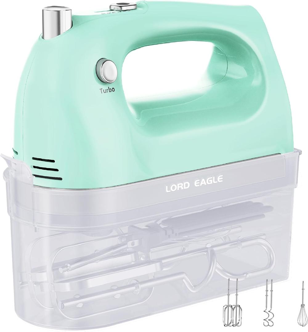 Lord Eagle Hand Mixer Electric Handheld 400W, 5-Speed Lightweight Kitchen Mixer with Storage Case, 5 Stainless Steel Attachments for Baking Cake Egg Cream Food Beater, Turbo+Eject Button, Green
