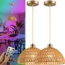 Battery Operated Pendant Light with Remote-Battery Chandelier Handwoven Rattan, Battery Hanging Light 50+Hours Long Life USB Rechargeable Light Bulb,Perfect for Kitchen Island Light