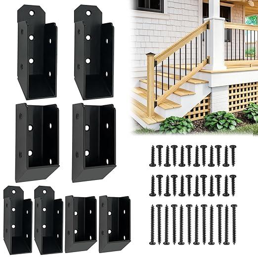 Deck Railing Brackets Connectors 4 Pcs,U-Shaped Concealed Brackets for 2"x4"(Actual:1.5"x3.5") Wood Posts, Black Powder Coated for Stair Fence Railings with Hardware