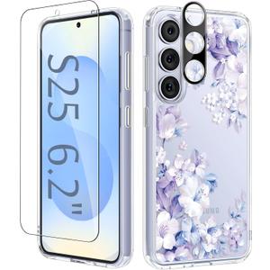 GVIEWIN for Samsung Galaxy S25 Case, Clear Floral Slim Shockproof Protective Women Phone Case, Non-Yellowing, with Screen Protector & Camera Lens Protector for Galaxy S25 6.2", Foliolosa/Blue