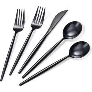 Rubtlamp 90Pcs Plastic Black Silverware, Black Disposable Cutlery, Plastic Utensils Heay Duty include 30 Plastic Knives 60 Plastic Black Forks and Spoons, Black Cutlery For Halloween Decorations