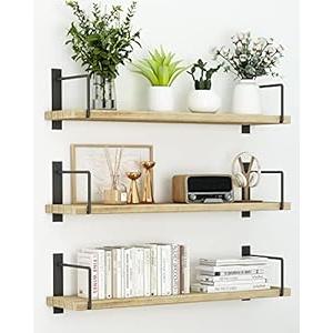 Floating Shelves - 24 Inch Wall Mounted Set of 3, Rustic Wood Storage Shelves for Living Room (Black)