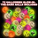 ArtCreativity Halloween Glow in the Dark Bouncing Balls, Bulk Pack of 72, 6 Halloween Theme Designs, 1.25 Inch High-Bounce Balls for Kids, Trick or Treat Giveaways, Party Favors and Goodie Bag Fillers