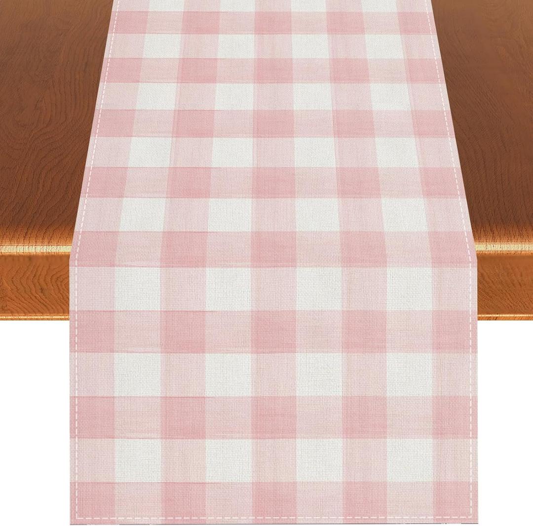 Watercolor Pink White Buffalo Check Plaid Table Runner Gingham Tablecloth Farmhouse Spring Summer Easter Home Kitchen Table Decorations-13108''