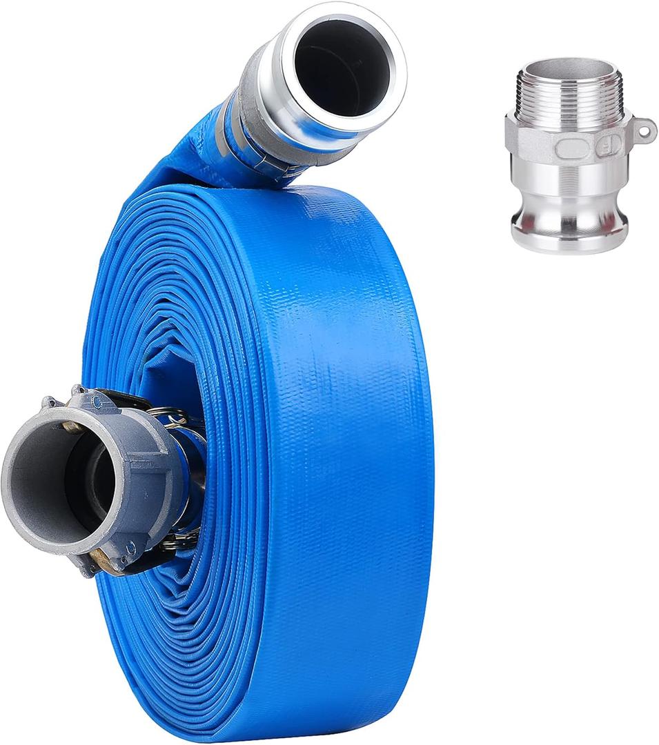 1-1/2" x 50ft PVC Lay Flat Discharge Hose With Aluminum Camlock C & E Fittings, Cam Lock Fitting Type F included, Heavy Duty Reinforced Pump Backwash Hose Assembly