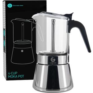 Coffee Gator 4 Cup Moka Pot, 6.7oz Stovetop Espresso Maker for Italian Coffee, Transparent Glass & Stainless Steel Design, Silver, 200ml