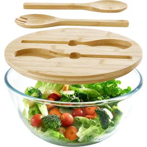 Glass Salad Bowl With Lid, 4.7 Quart Large Serving Bowl Thick Glass Fruit Bowls With Bamboo Utensils, 10.7Inch Trifle Bowl for Salad, Pasta, Dessert Display Cake, Microwave Safe